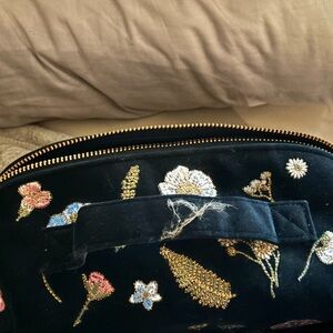 Black Velvet Floral Embroidered Cosmetic Pouch Style PRESSED FLOWERS
